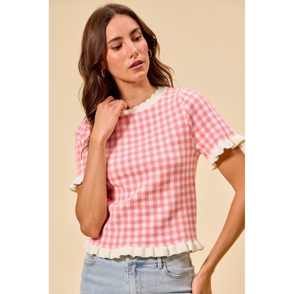 SO ME Gingham Knit Ruffled Short Sleeves Sweater Top - Pink - XL - Picture 11 of 12